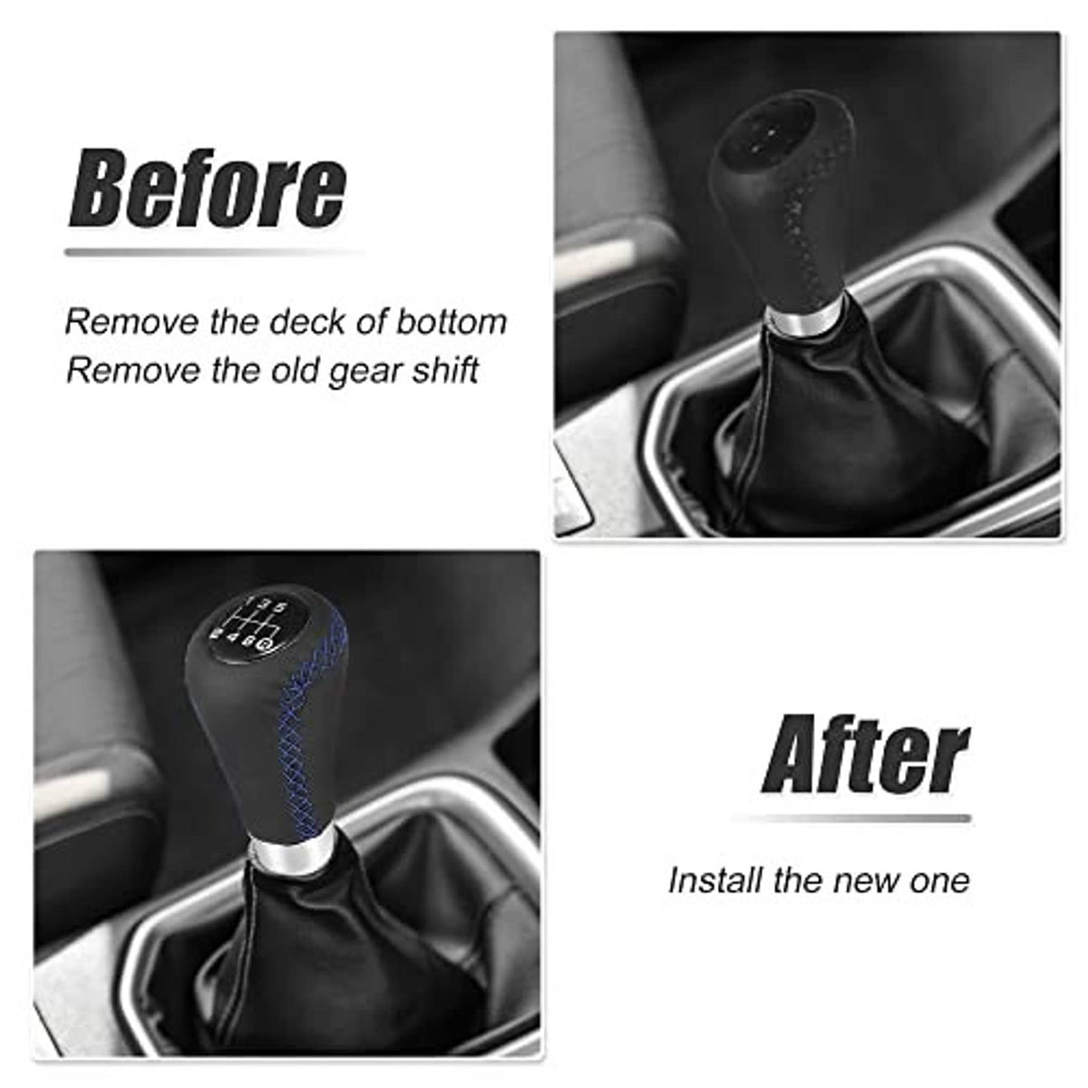 Black manual-style gear shift knob with blue stitching on the center console