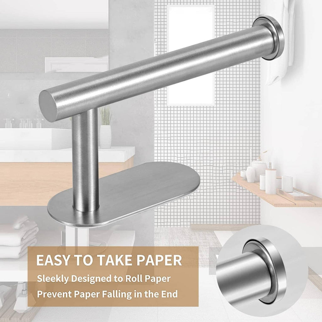 Brushed nickel U-shaped toilet paper holder with round base and long support bar