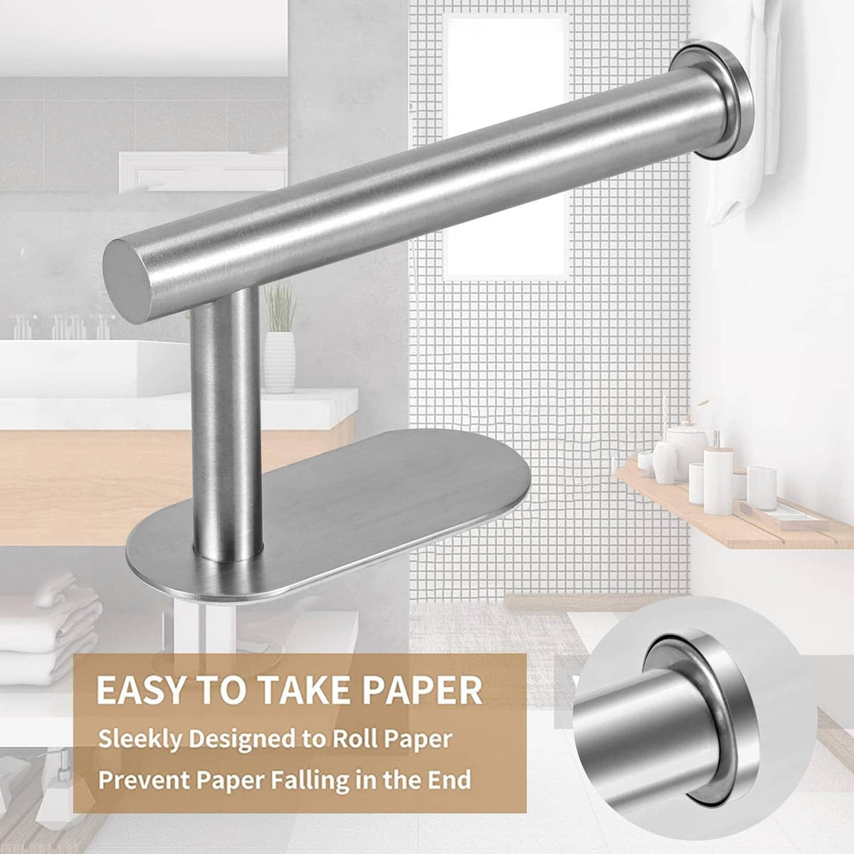 Brushed nickel U-shaped toilet paper holder with round base and long support bar