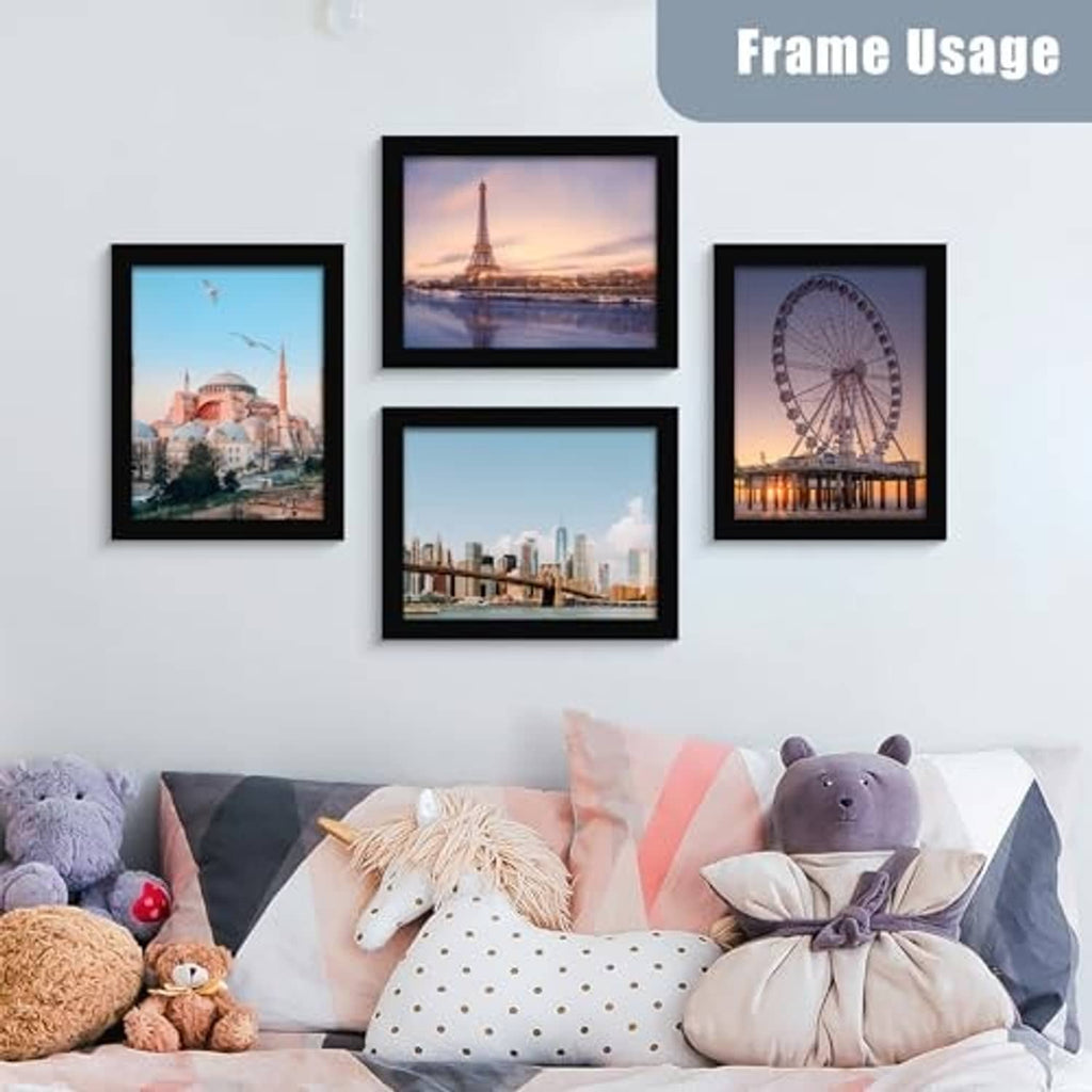 Six black photo frames hanging above a sofa, 8x10 wall display set
