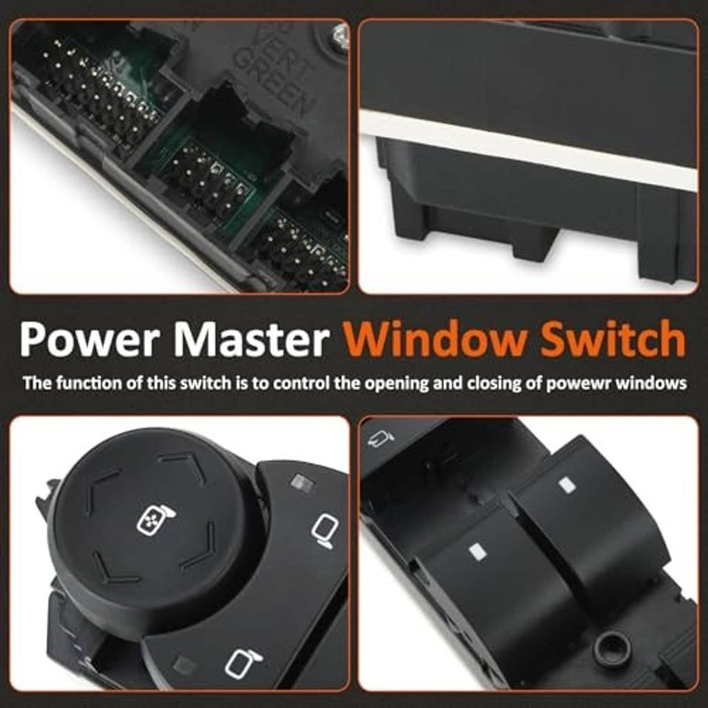 Power master window switch with round mirror selector and rocker buttons close-up