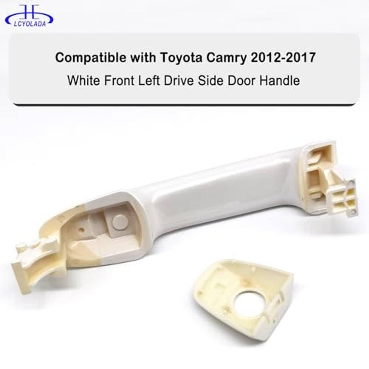 White exterior door handle with exposed mounting clips and inner bracket pieces