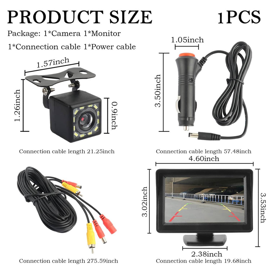 Camera and 4.6-inch monitor size diagram with cables and bracket, 1PCS kit layout