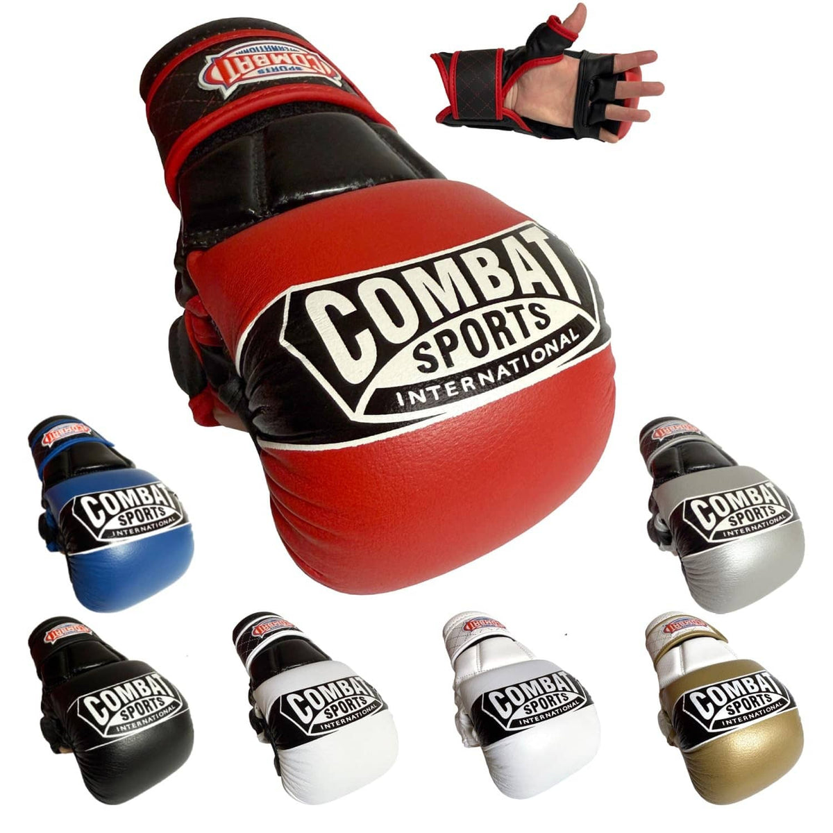 Red and black fingerless MMA training boxing gloves with curved hook-and-loop strap