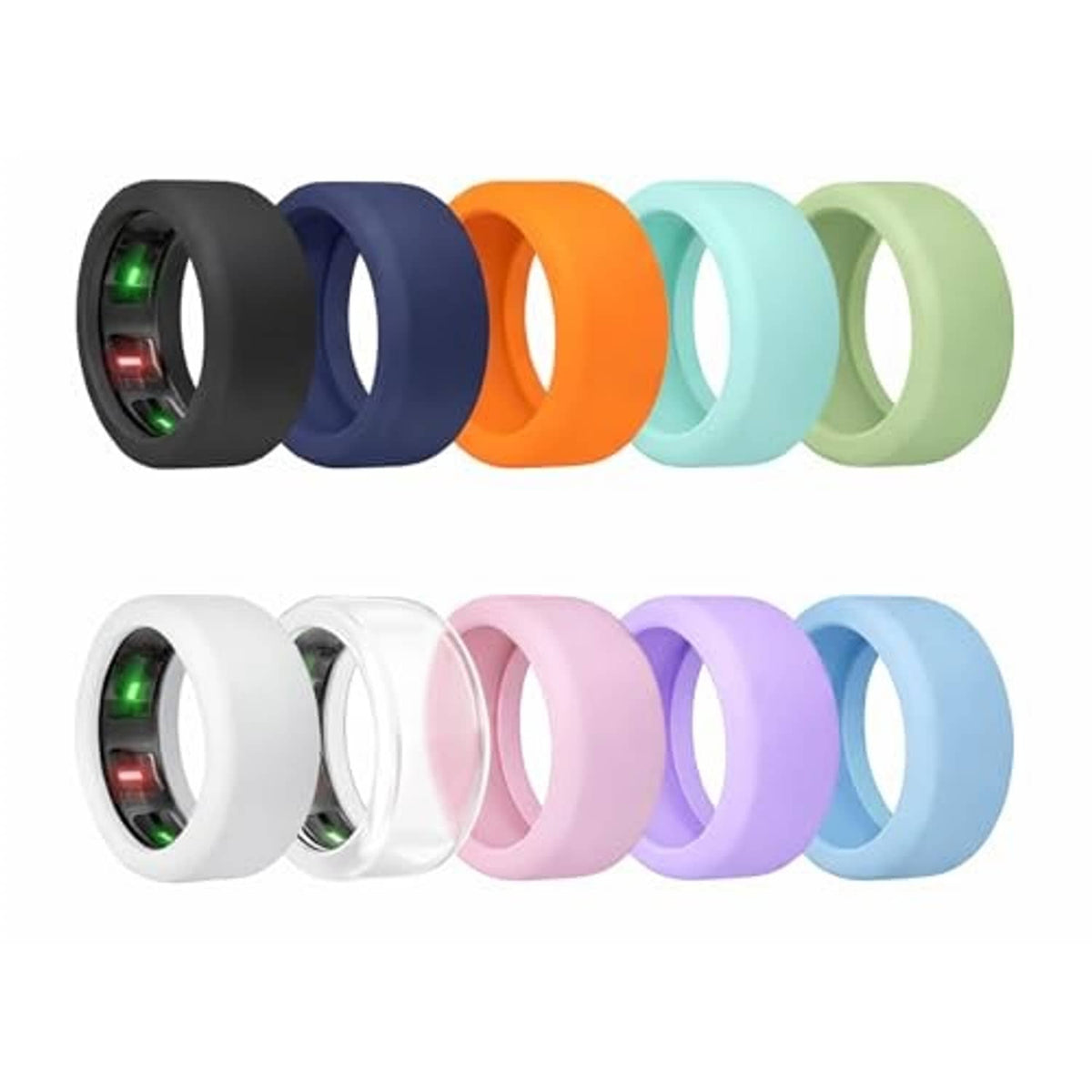 Set of silicone ring cover sleeves in dark, orange, teal, and pastel green colors