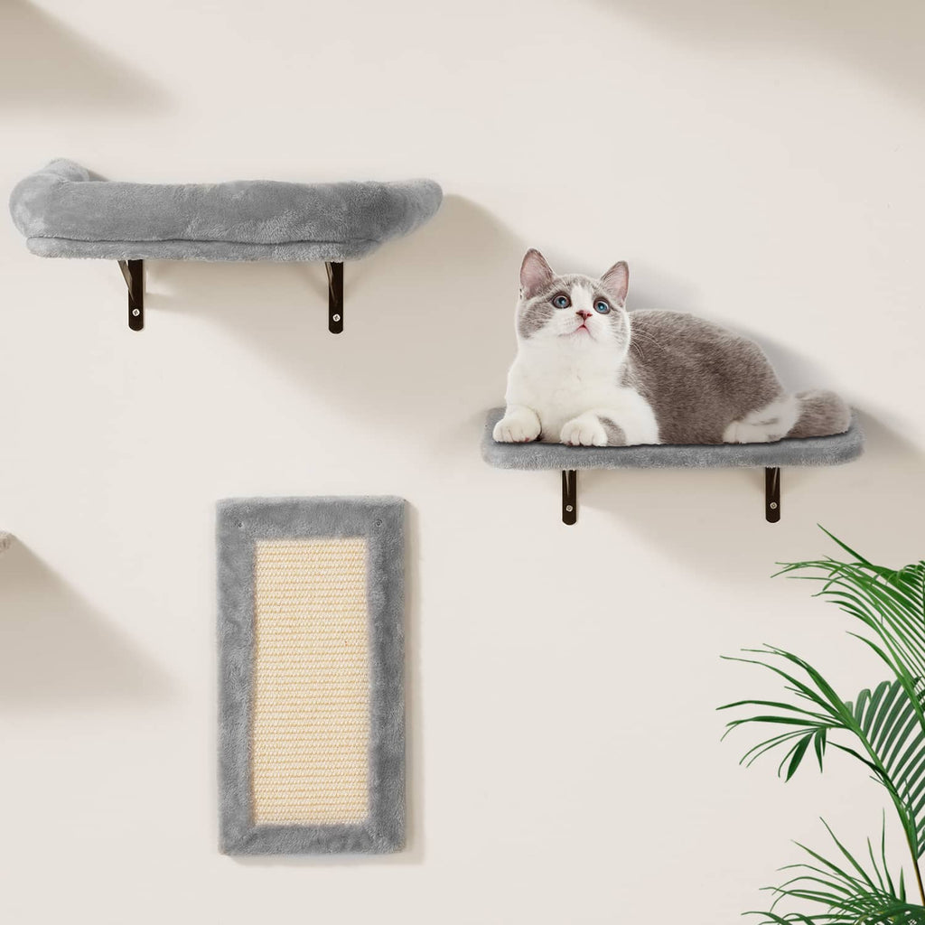 Gray wall cat shelf with flannel platform and sisal scratching board, resting cat