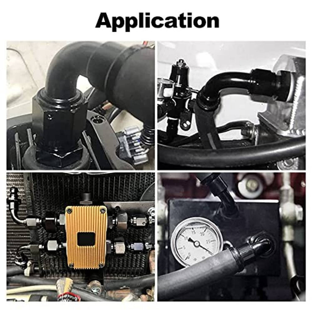 Black push-lock hose fitting installed on an engine hose line, 45-degree elbow
