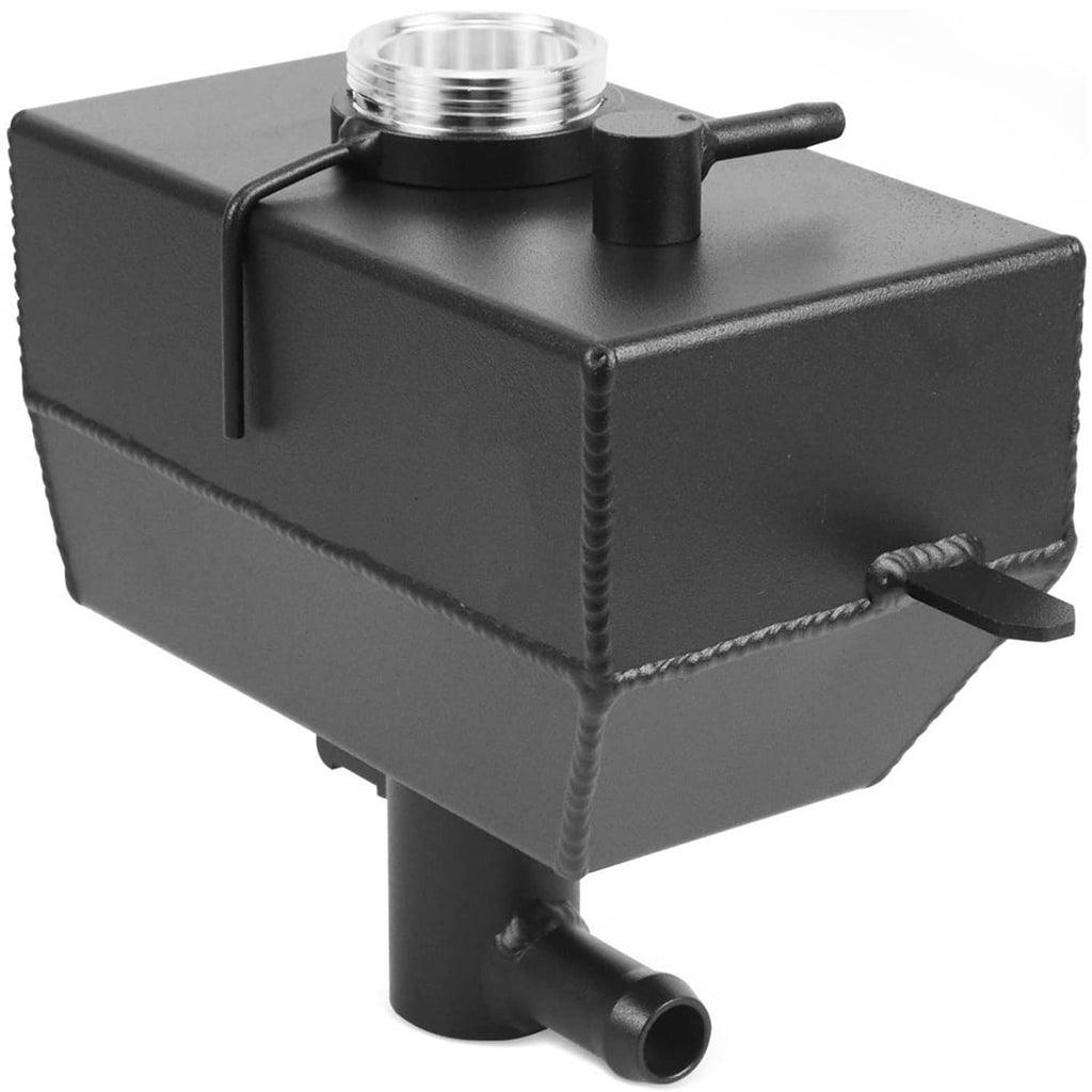 Black engine coolant reservoir tank with threaded inlet cap and two hose outlets