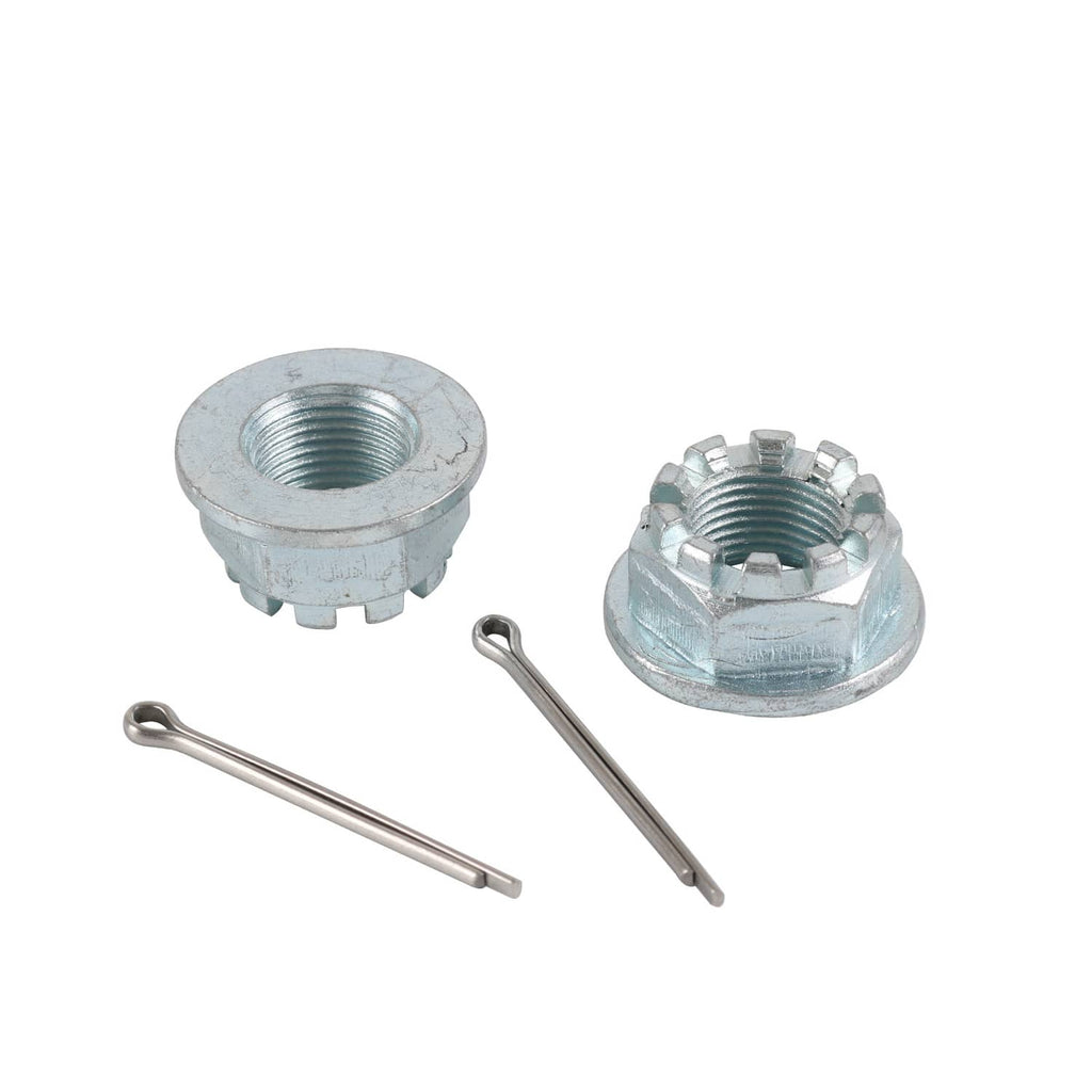 Wheel hub assembly with nut, lock pieces, and two axle retaining pins