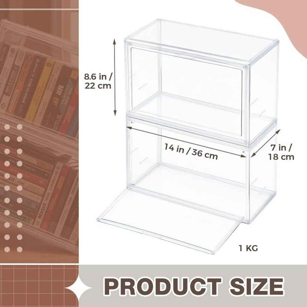 Clear acrylic stackable storage case with labeled dimensions and hinged top cover