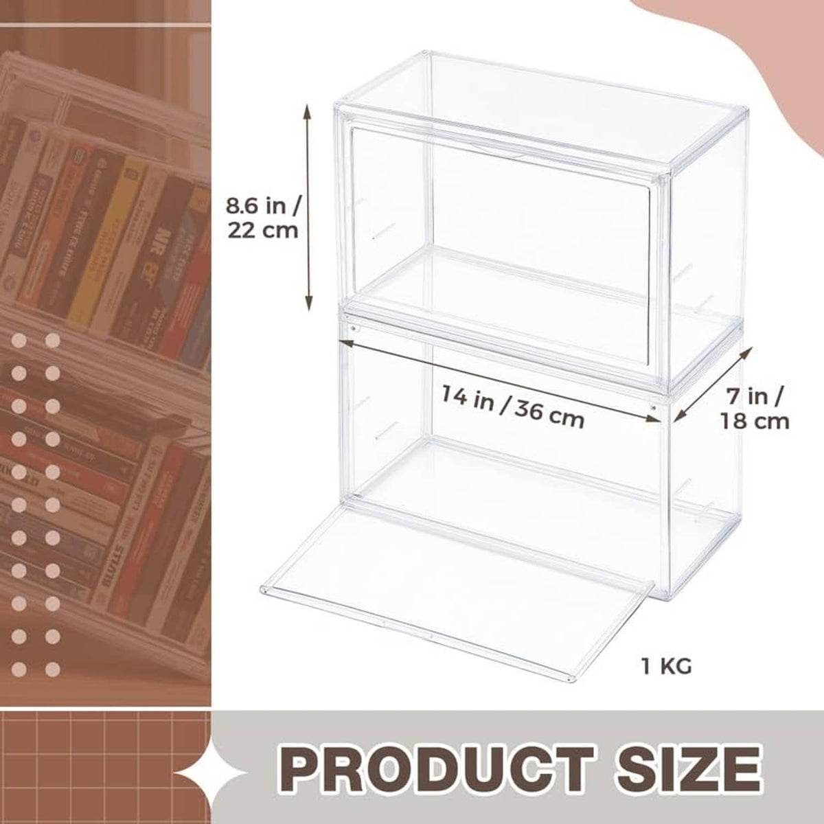 Clear acrylic stackable storage case with labeled dimensions and hinged top cover