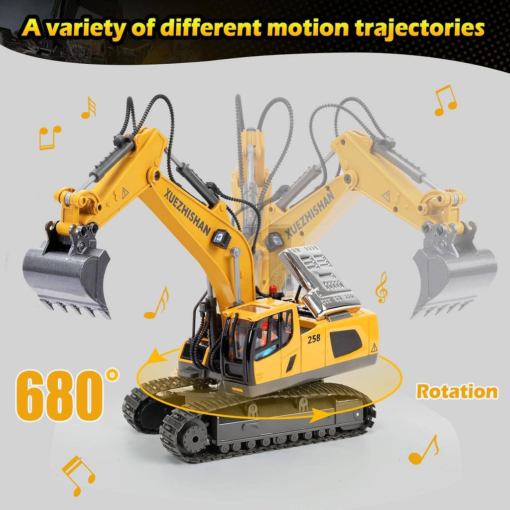 Yellow tracked RC excavator with raised arm and metal digging bucket