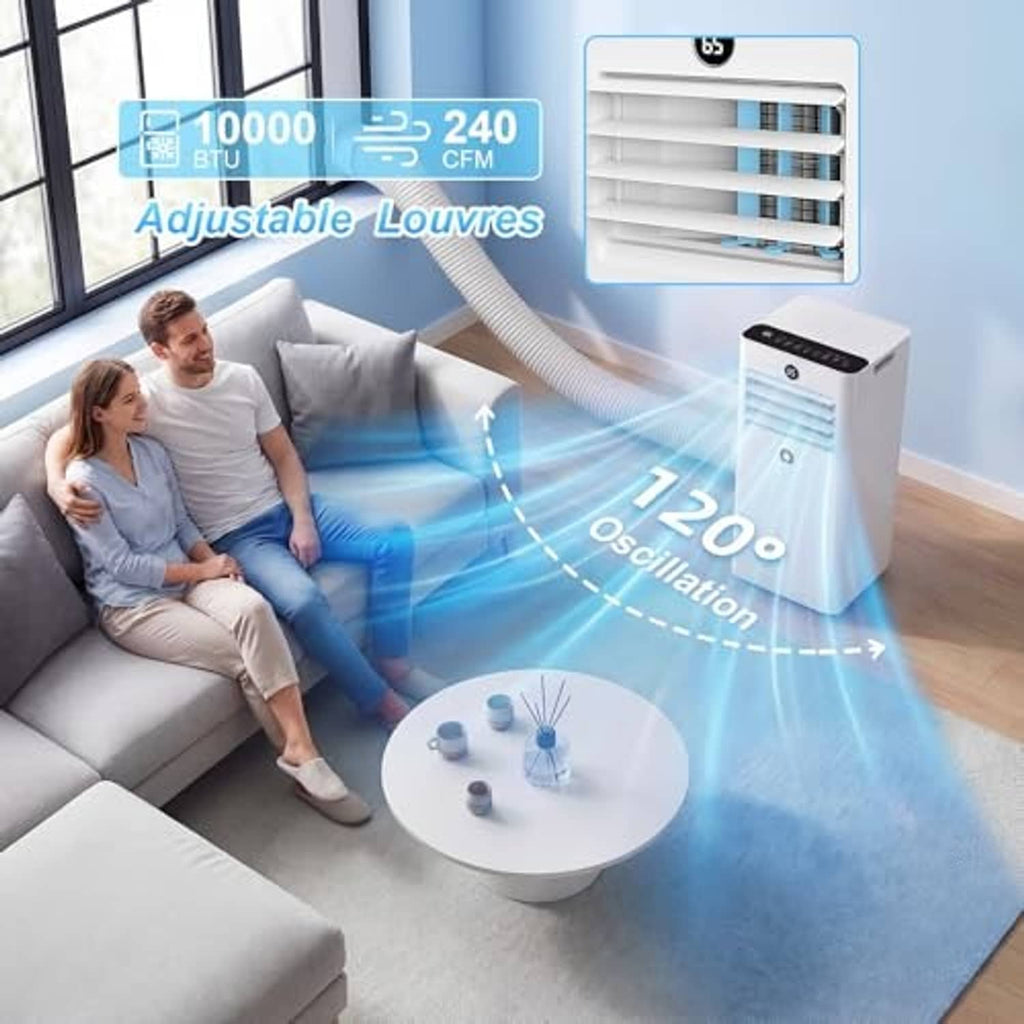White portable air conditioner with adjustable louver front grille, oscillating airflow