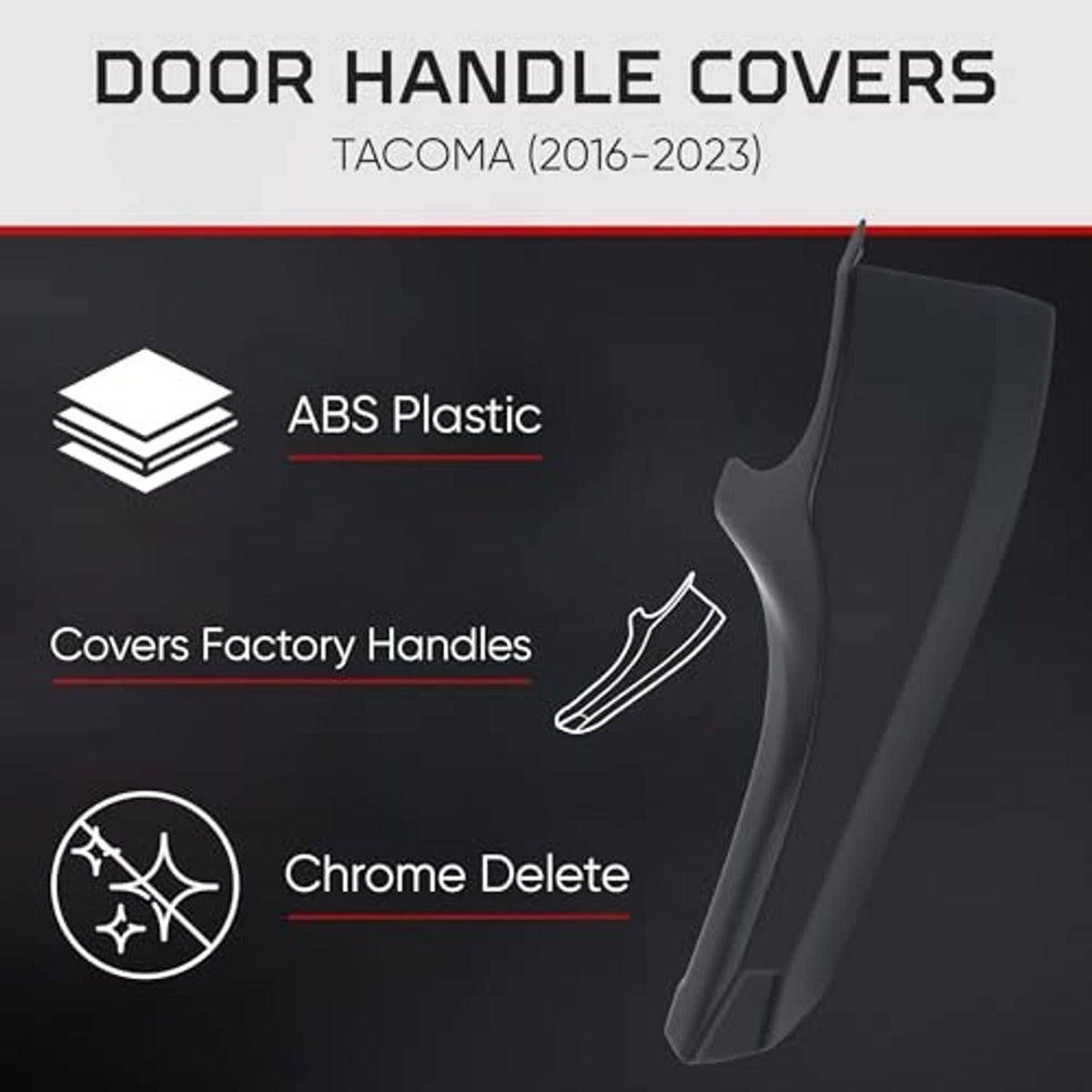 Black ABS door handle covers for Toyota Tacoma (2016–2023), curved snap-on design.