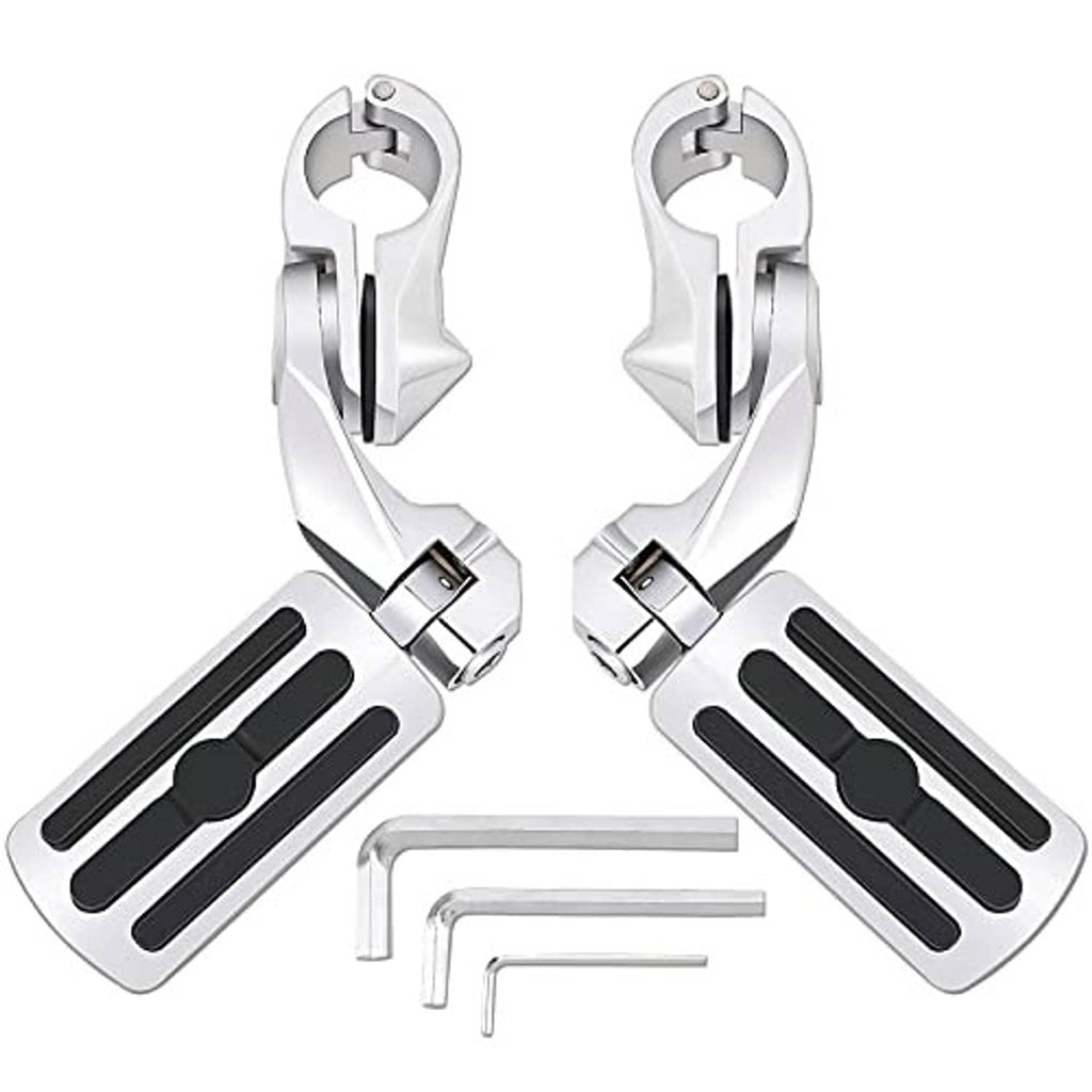 Angled motorcycle highway foot pegs, chrome brackets with black rubberized step pads