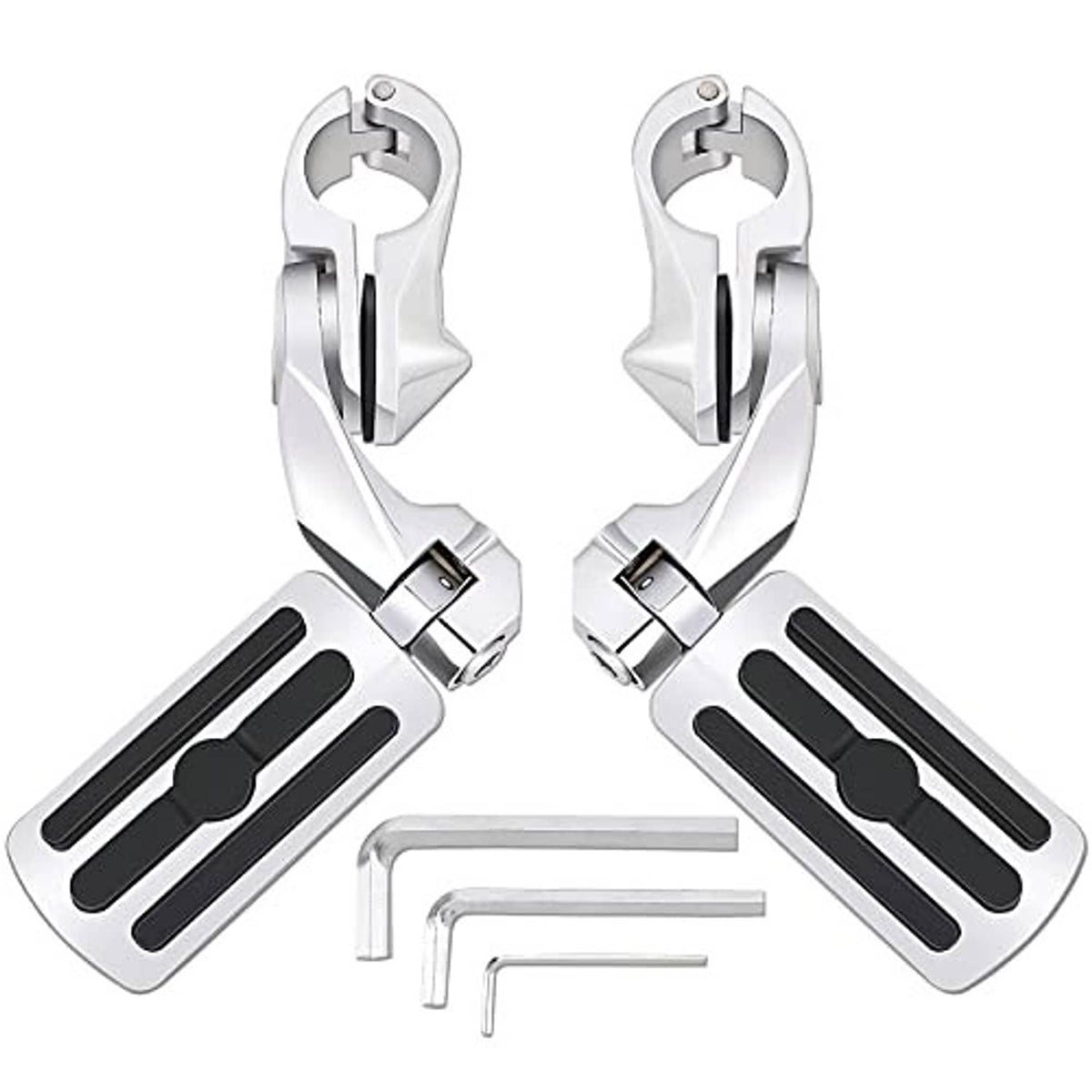 Angled motorcycle highway foot pegs, chrome brackets with black rubberized step pads