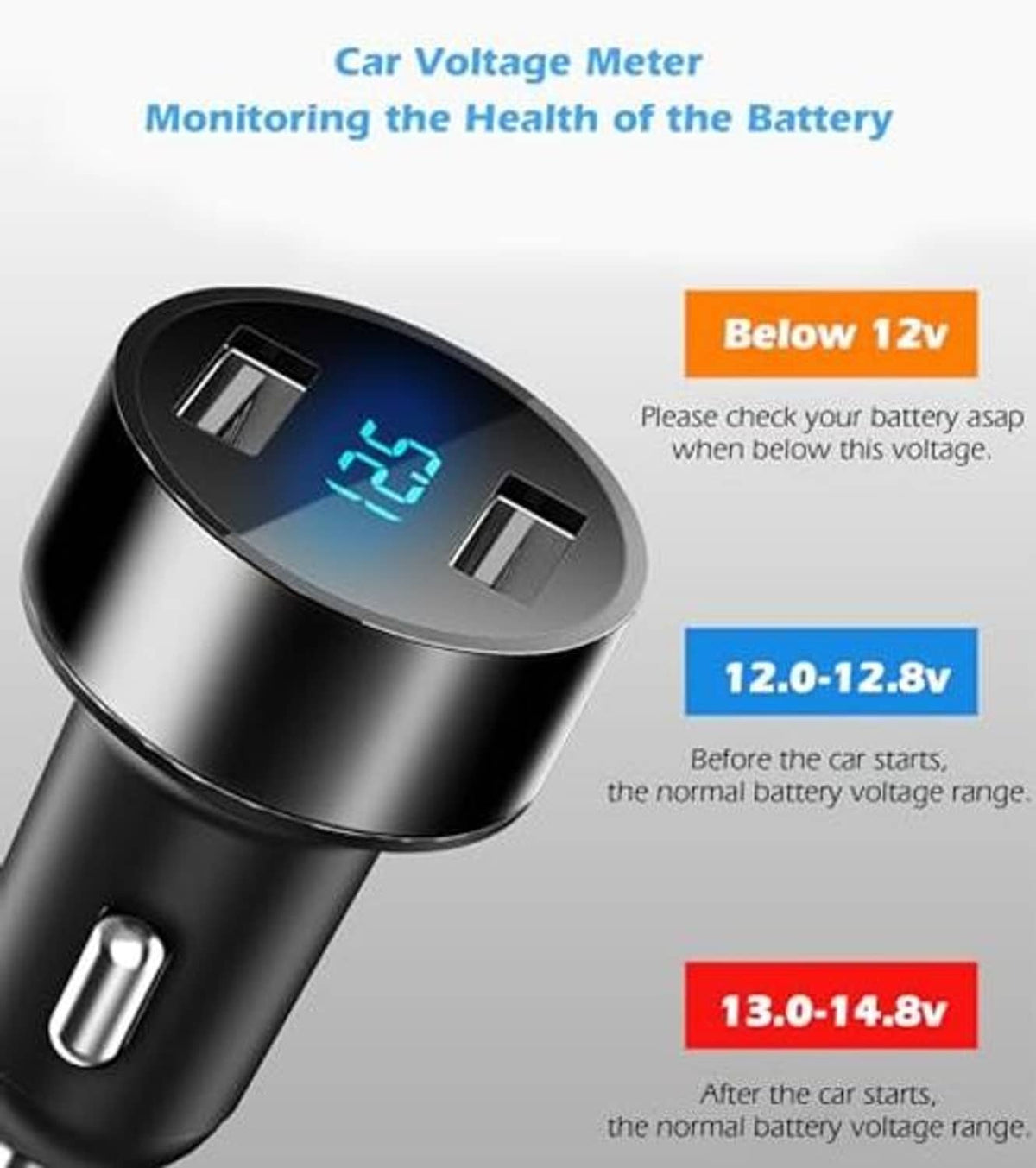 Black car voltage meter dual USB charger with blue LED display and two ports