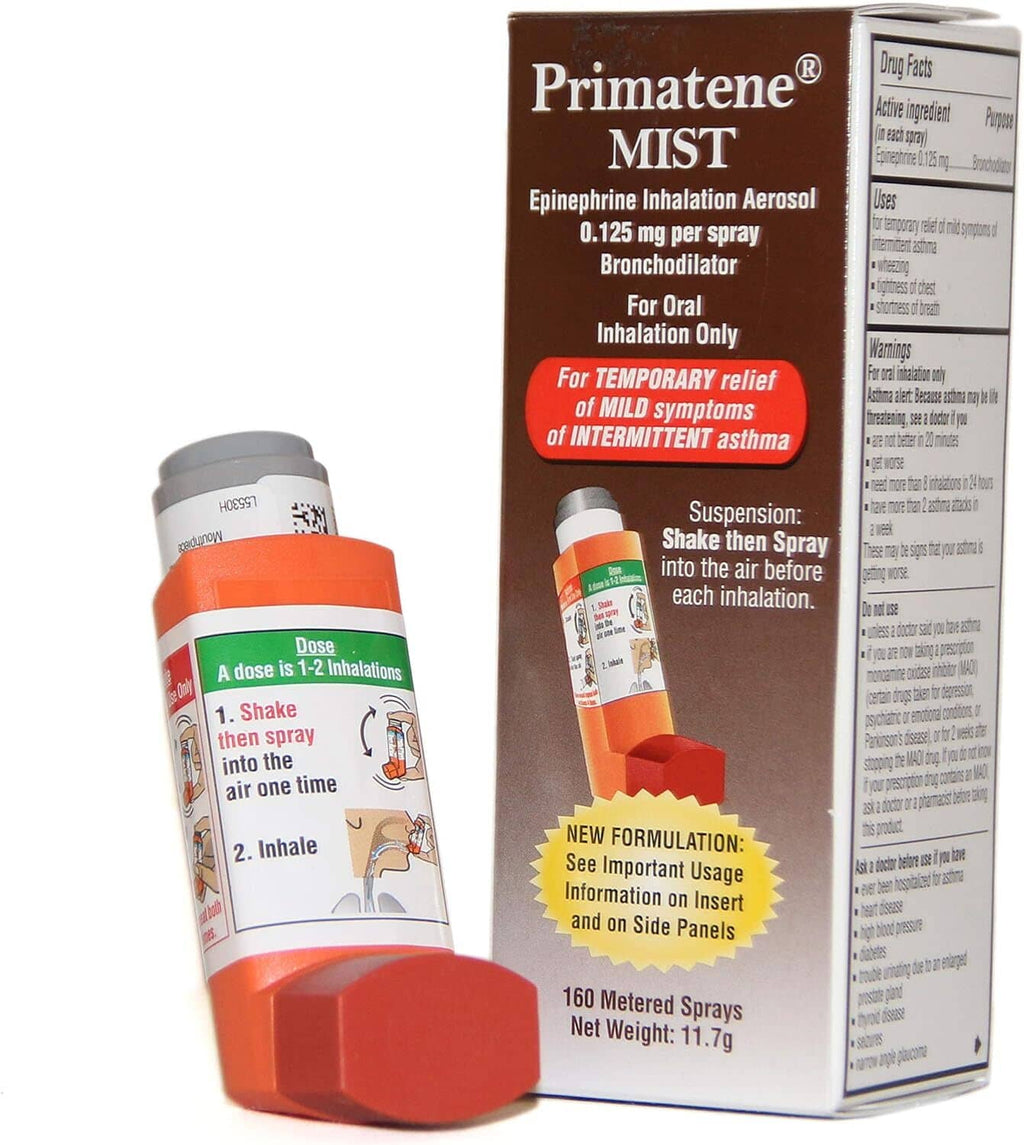 Epinephrine asthma inhaler aerosol with orange dispenser and boxed package