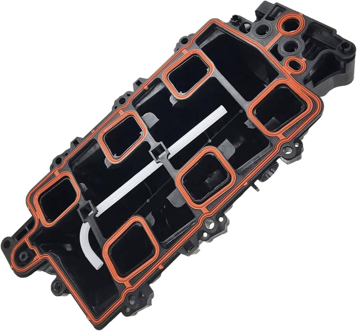 Upper intake manifold underside with red gasket outline and multiple port openings