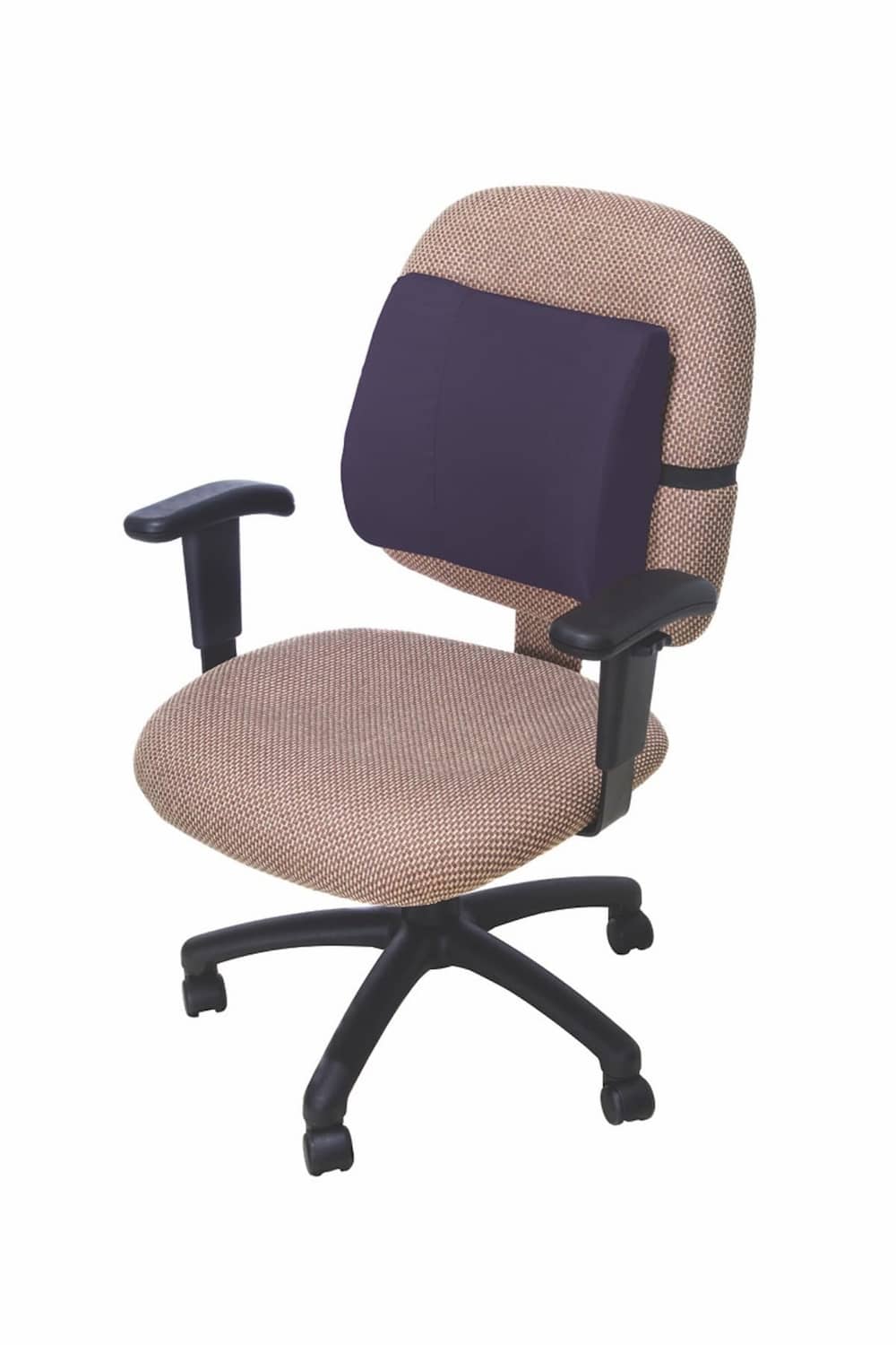 Navy lumbar cushion with elastic strap attached to an office chair