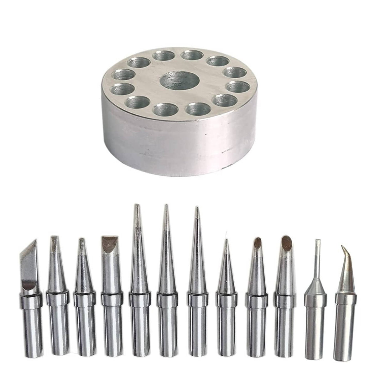 Soldering iron tips set with round metal holder and multiple silver conical tips