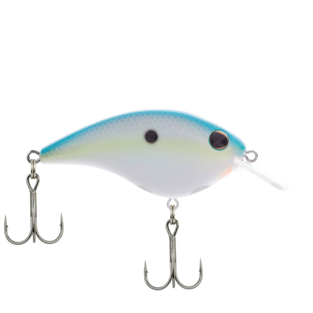 Blue and white crankbait lure with treble hooks and metal line tie eyelets