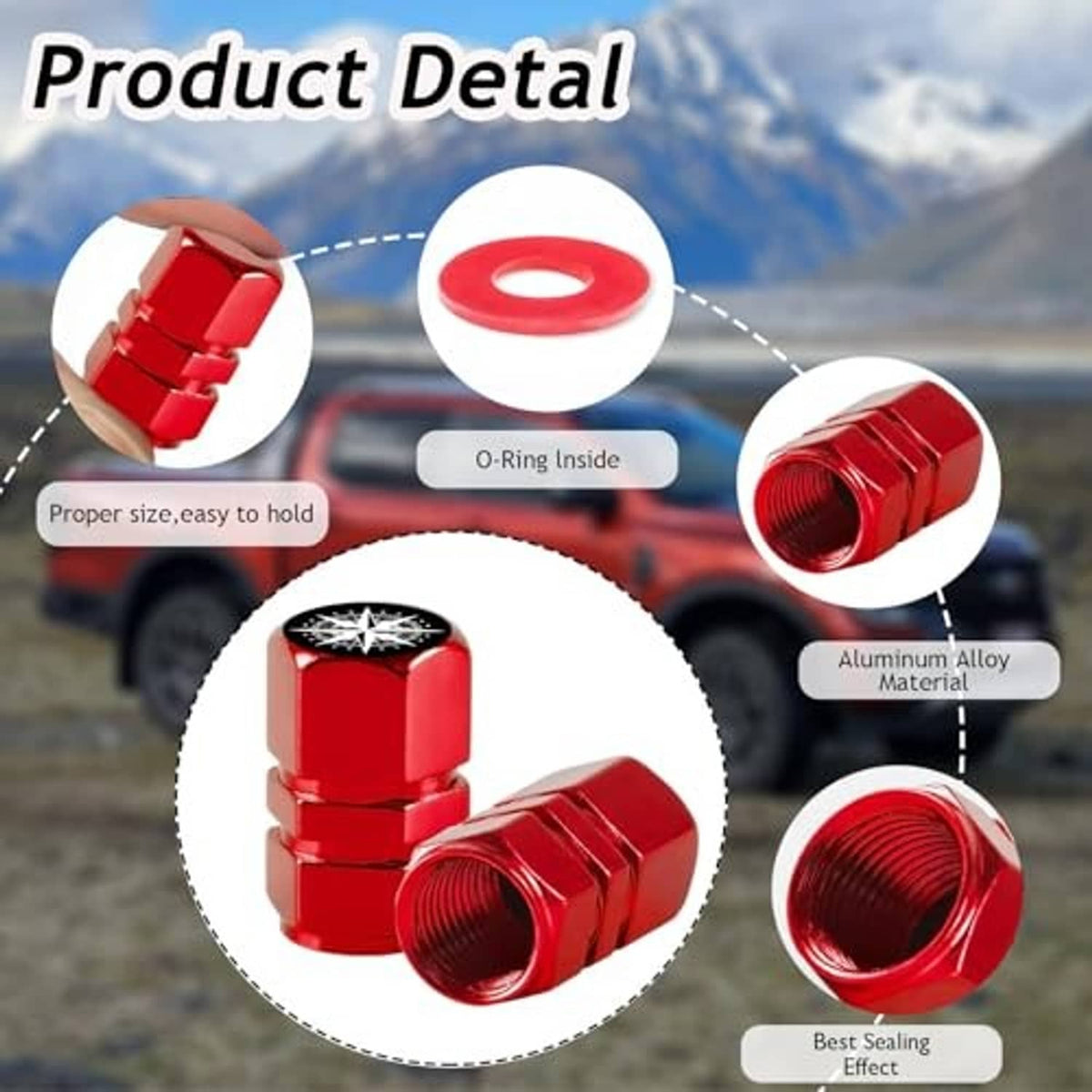 Red aluminum tire valve stem caps with O-ring seal, close-up details