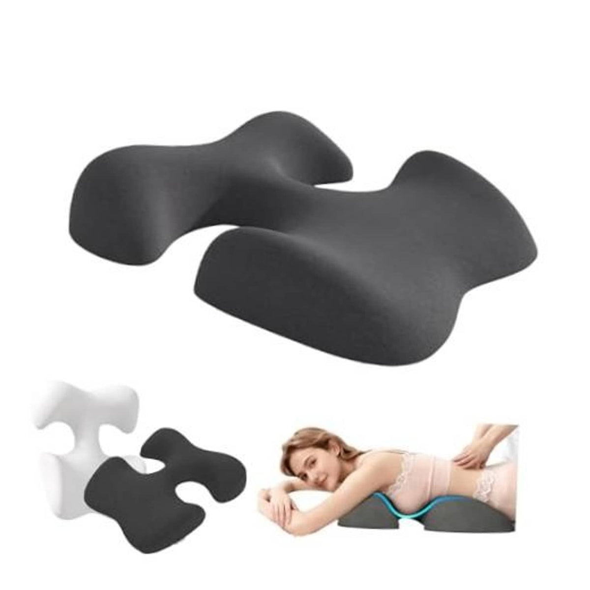 Dark gray ergonomic breast pillow set with main cushion and small insert pieces