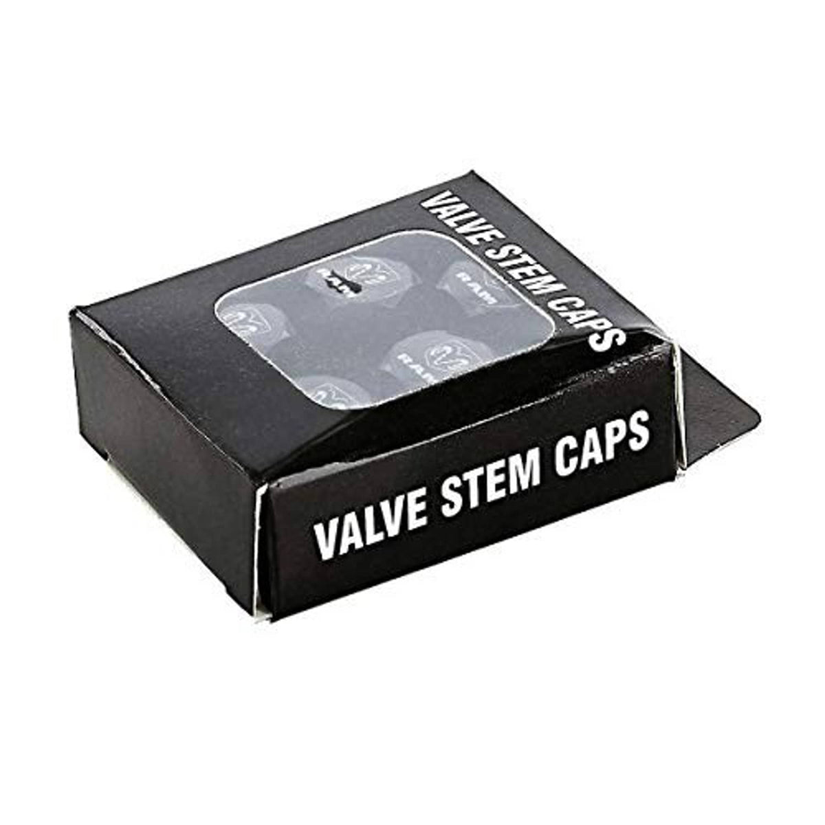 Valve stem caps packaging box, black with “VALVE STEM CAPS” text