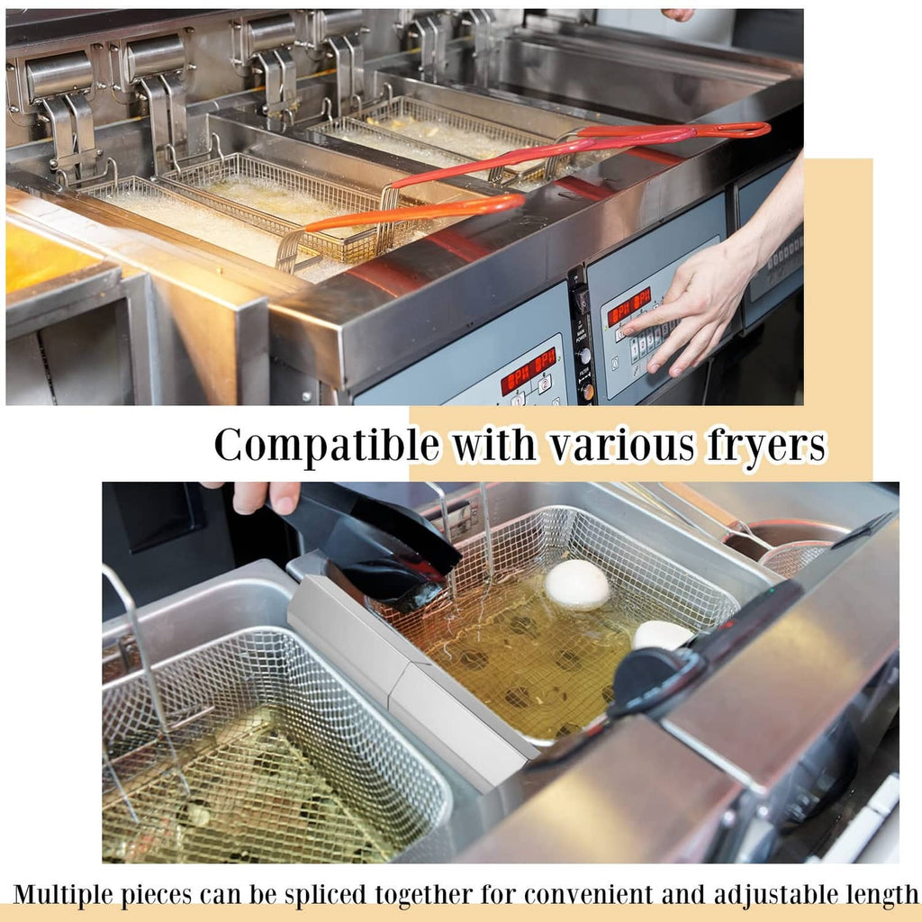 Stainless steel splash guard strips installed between fryer tanks for spill control