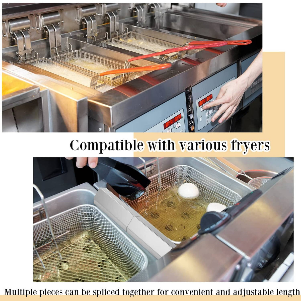 Stainless steel splash guard strips installed between fryer tanks for spill control