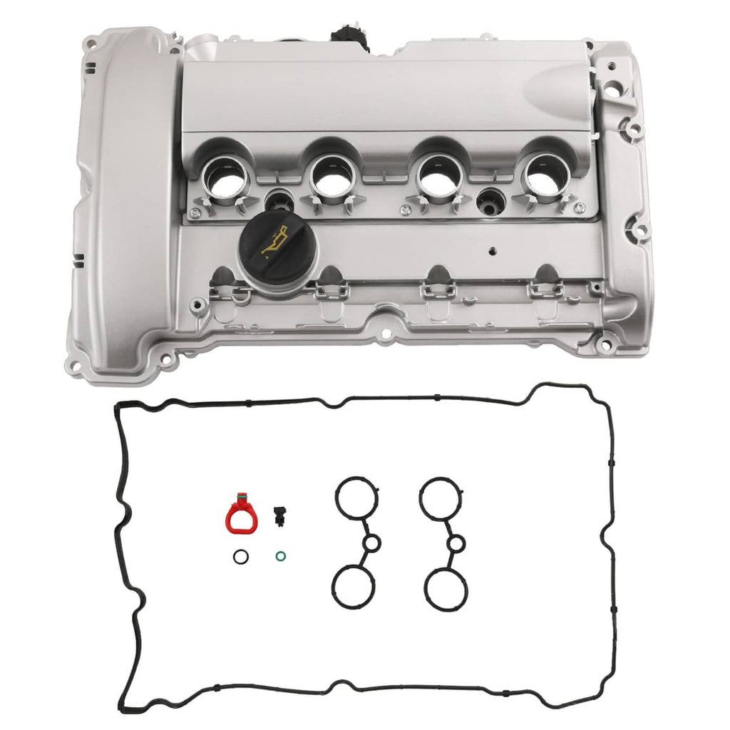 Silver aluminum engine valve cover with attached gasket and mounting hardware