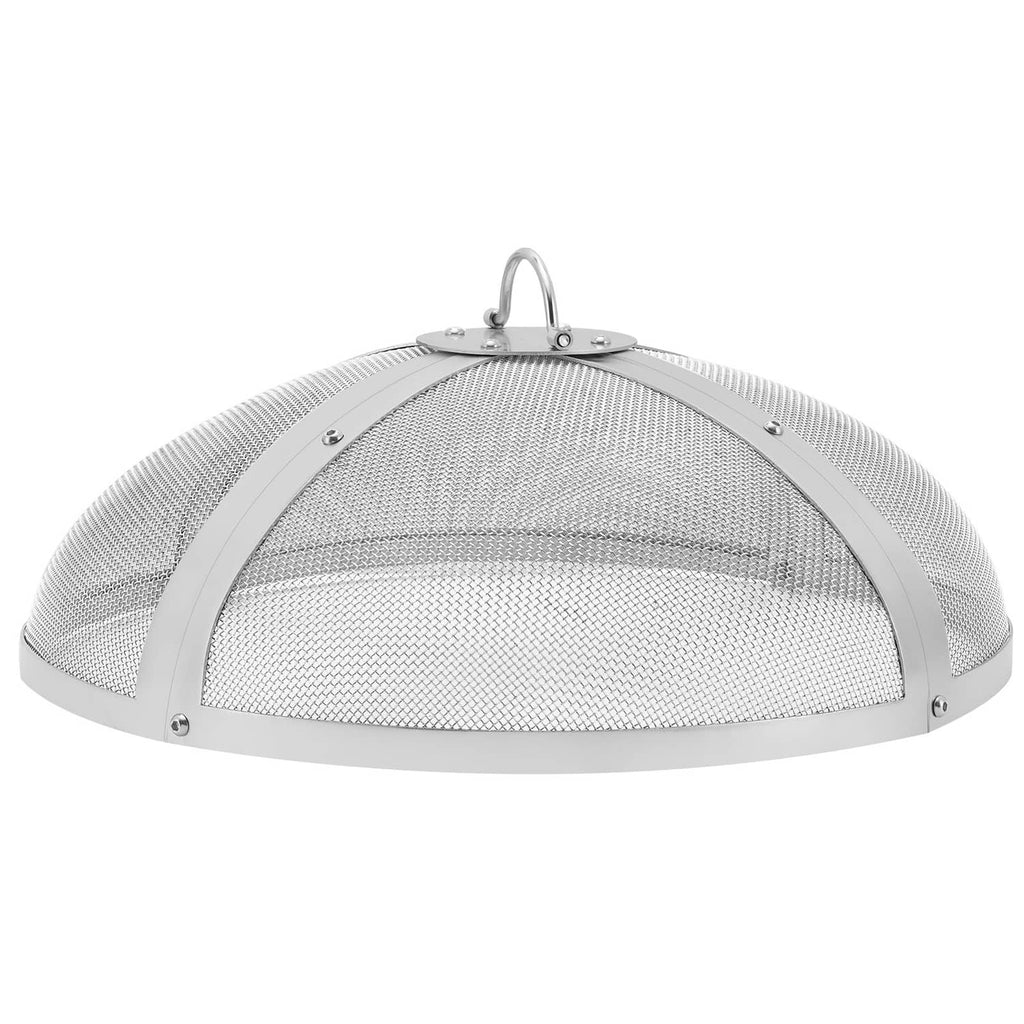 Round stainless spark screen cover lid with mesh dome and metal handle loop