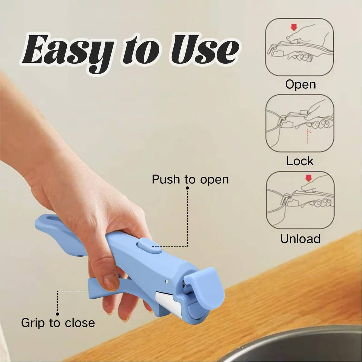 Blue-gray detachable cookware handle being pushed and gripped to open