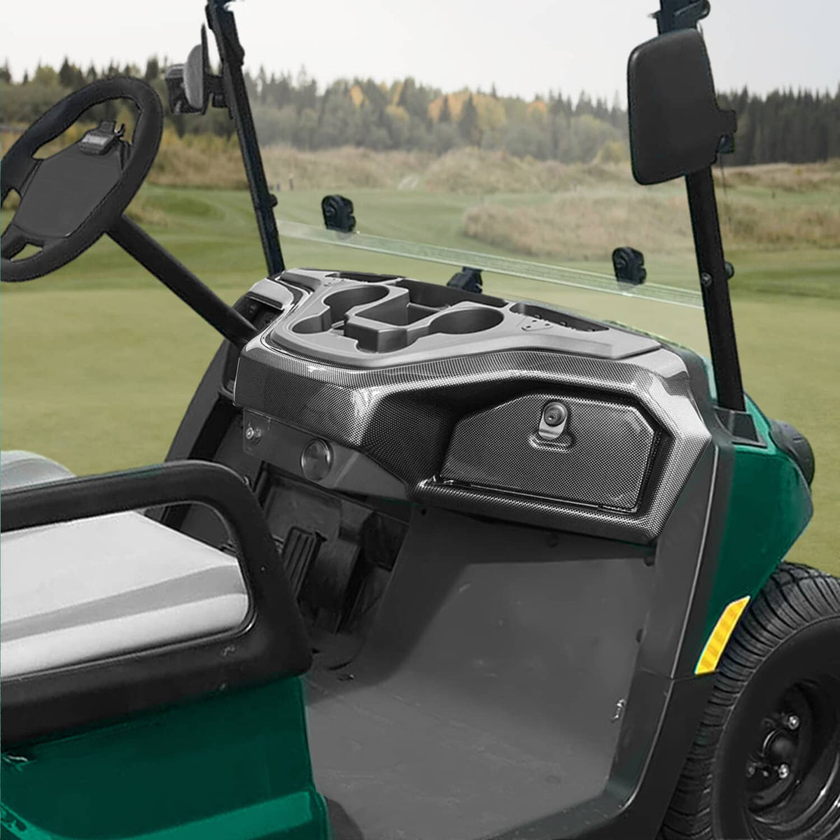 Carbon fiber-style dash cover installed on a golf cart dashboard with storage and key area