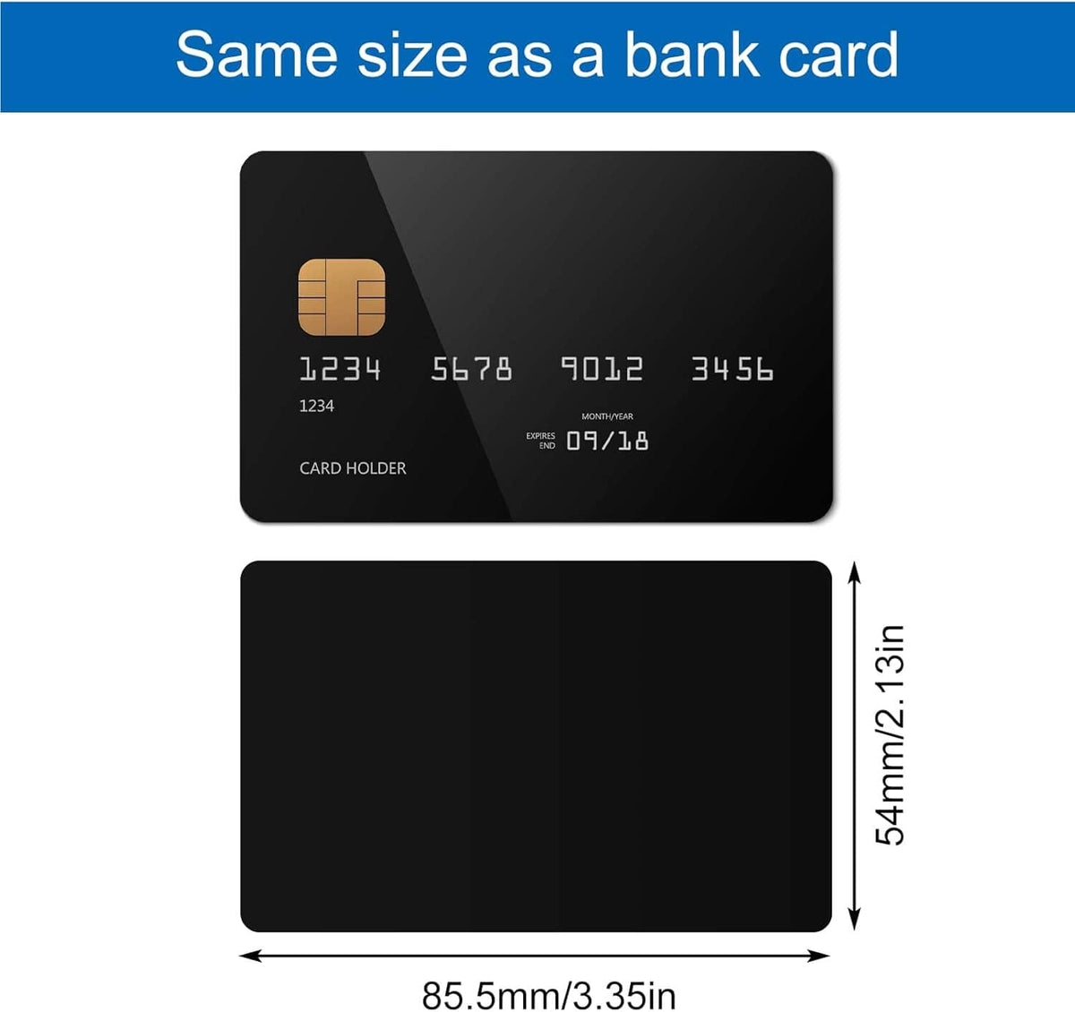 Black NFC cards with bank-card size layout and height/width measurement