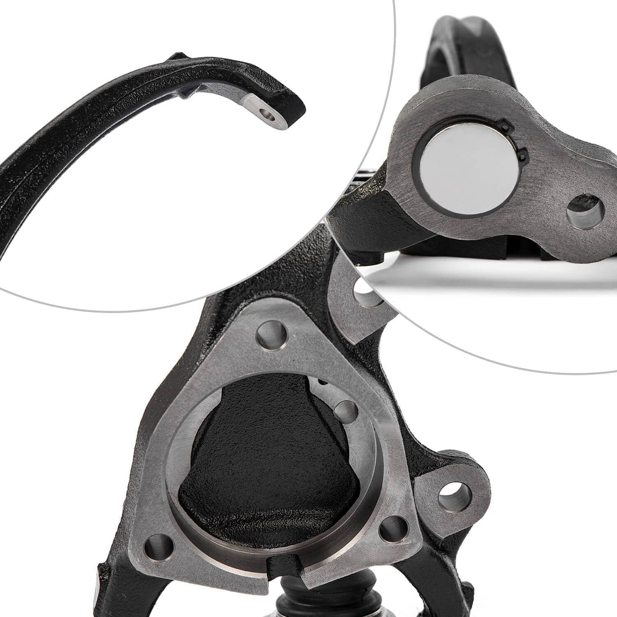 Steering knuckle joint housing with ball joint opening and mounting plate, black