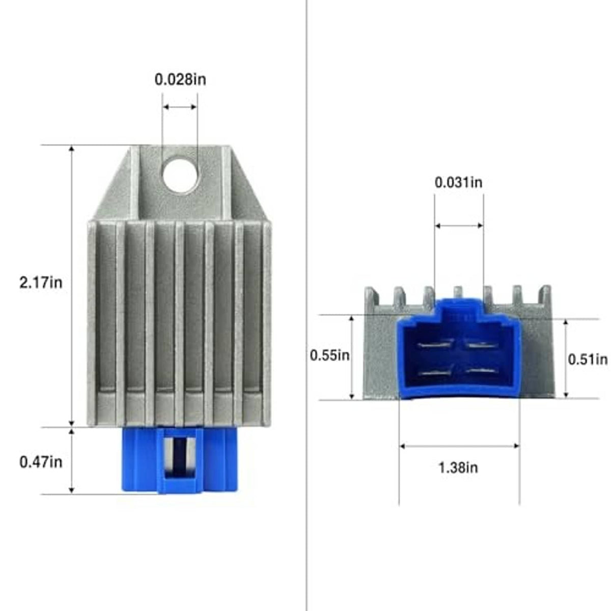 Voltage regulator rectifier, compact silver fins with blue plug connector and mounting hole