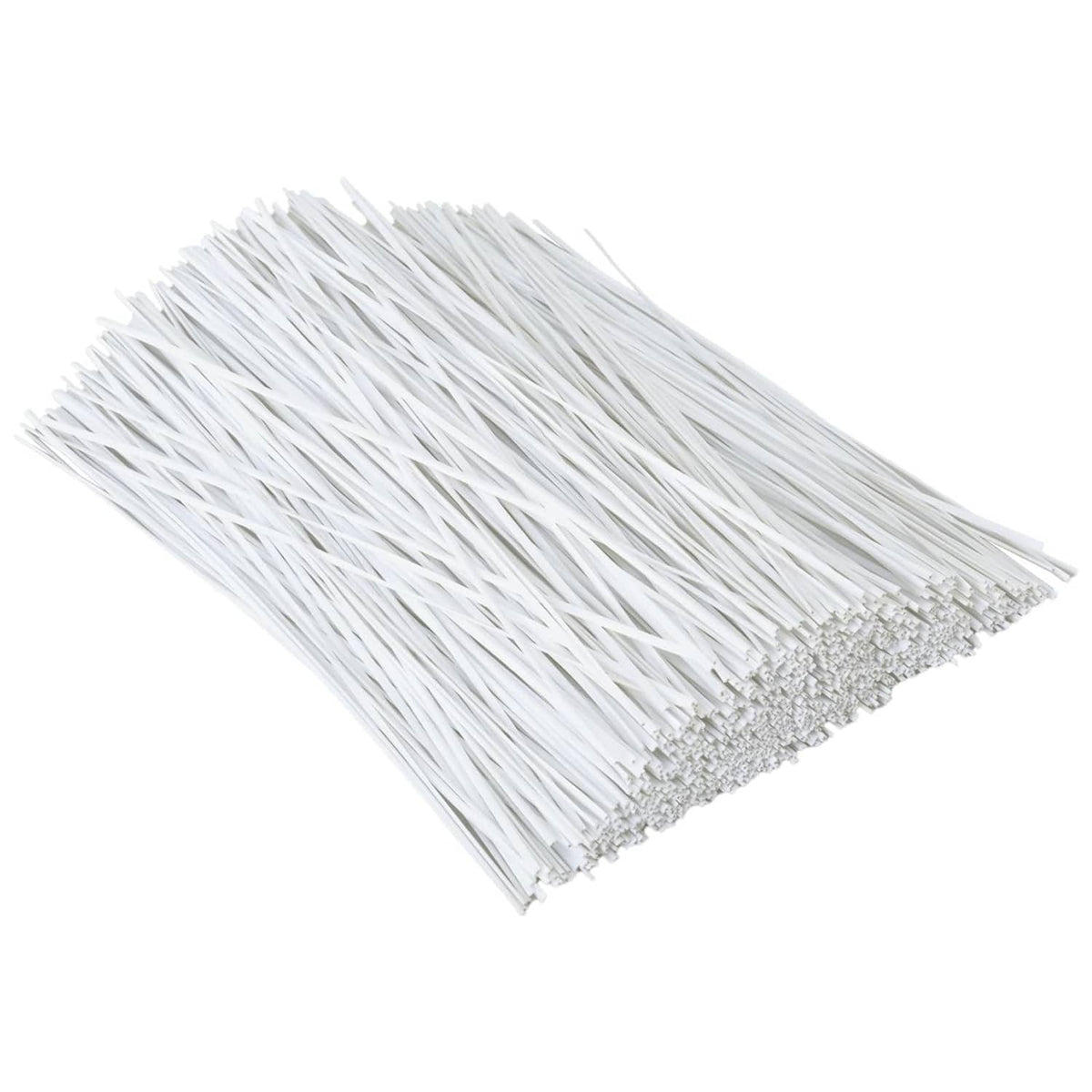 White plastic twist ties with metal core, 6-inch long strands in bundle