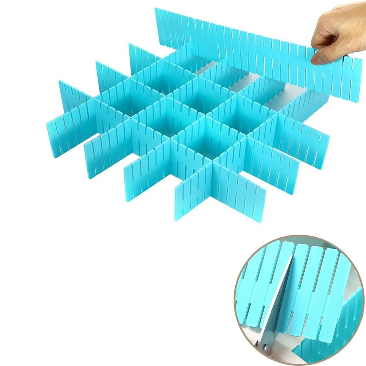 Blue plastic adjustable drawer dividers with one piece held to fit compartments
