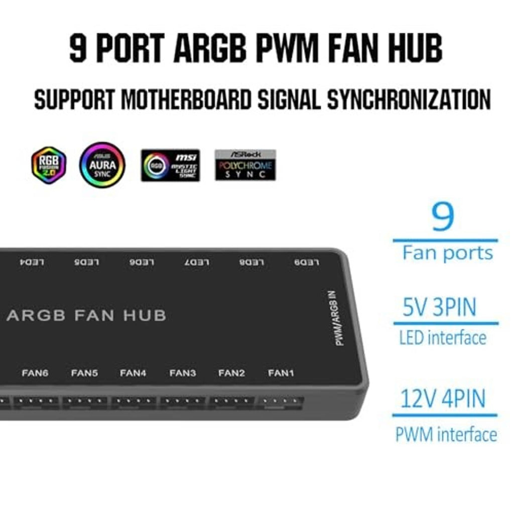 9-port ARGB PWM fan hub with 5V 3-pin LED interface and 12V 4-pin PWM interface