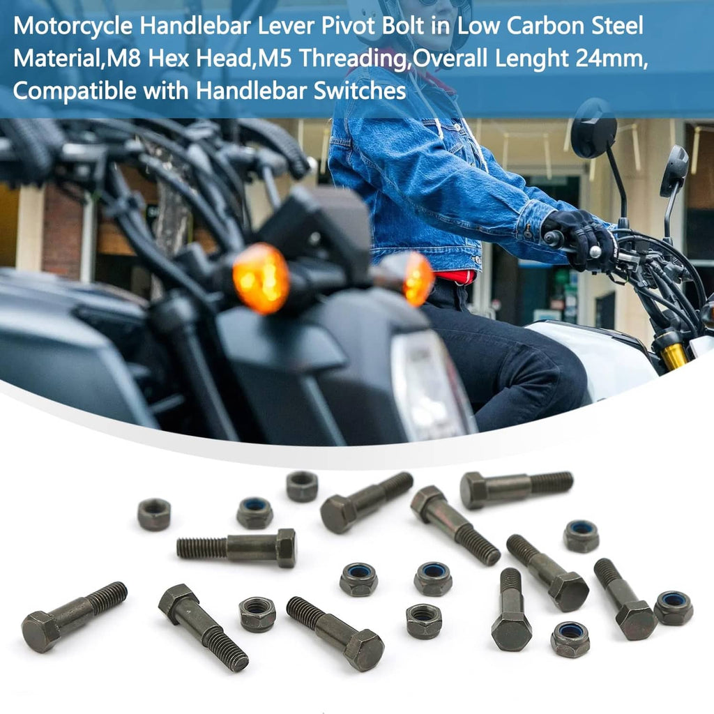 Loose set of motorcycle handlebar lever pivot bolts with hex heads and blue-ring nuts, dark gray