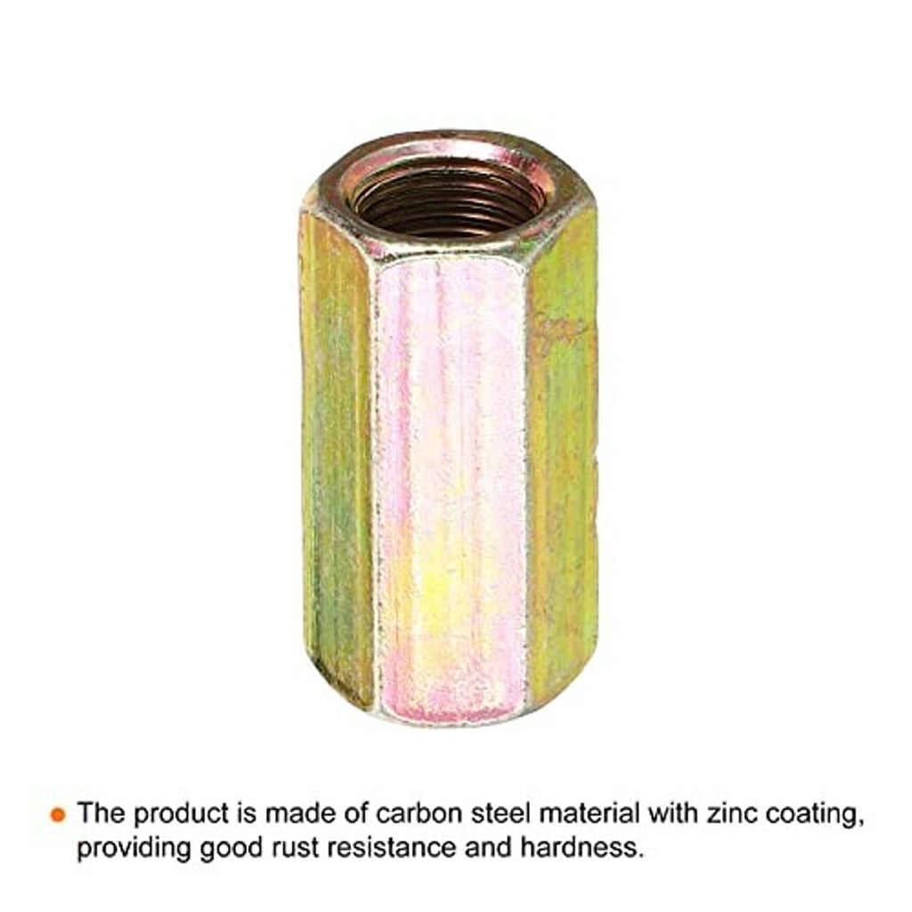 Close-up hex coupling nut sleeve with female thread, zinc-coated steel, iridescent yellow finish