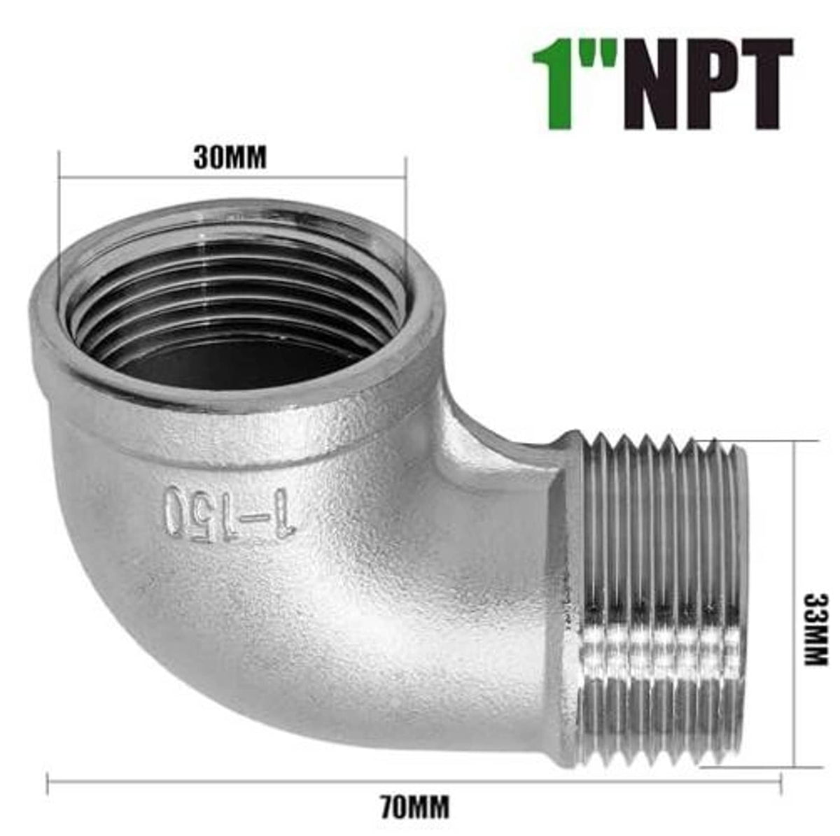 90-degree stainless steel elbow fitting with NPT male and female threaded ends