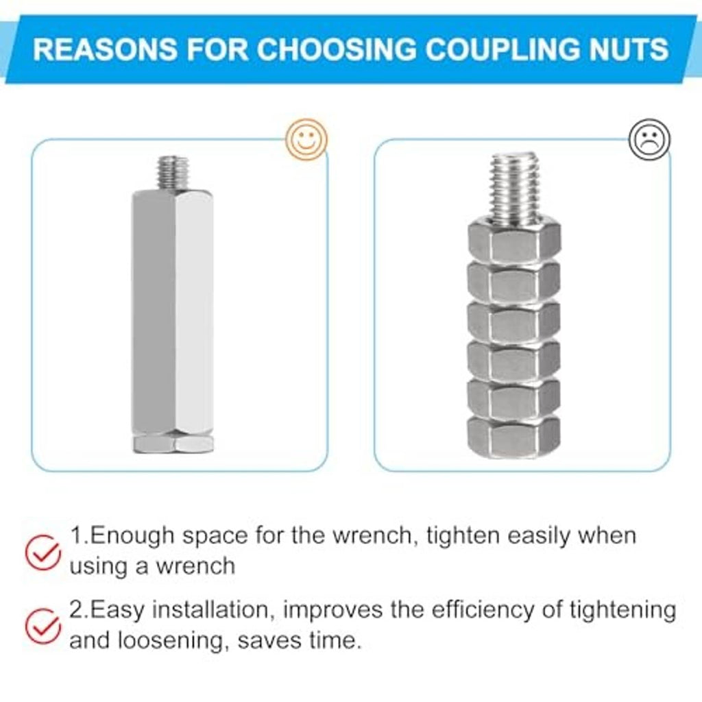 Coupling nuts set shown standing upright, stainless steel hex shape with internal threads