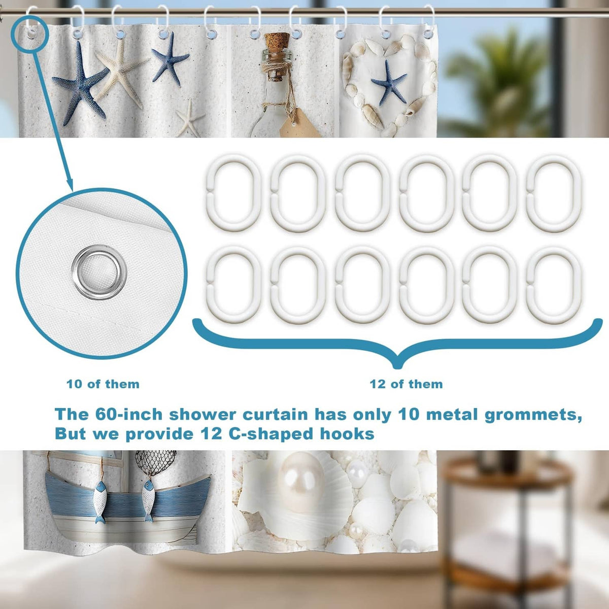 White shower curtain with coastal starfish, lighthouse, and 12 C-shaped hooks shown