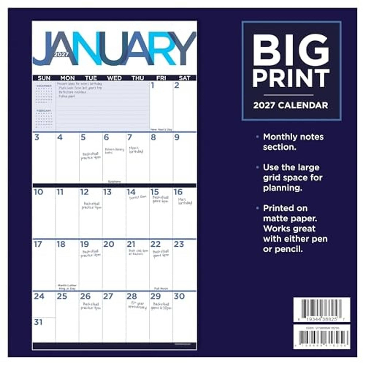 January 2027 mini calendar page with monthly grid and BIG PRINT info block