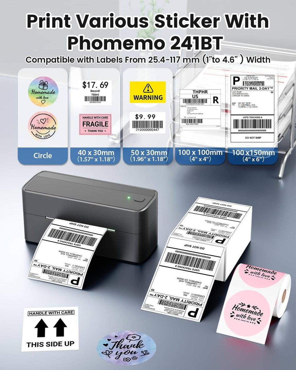 Gray shipping label printer with several printed label sheets and sticker labels