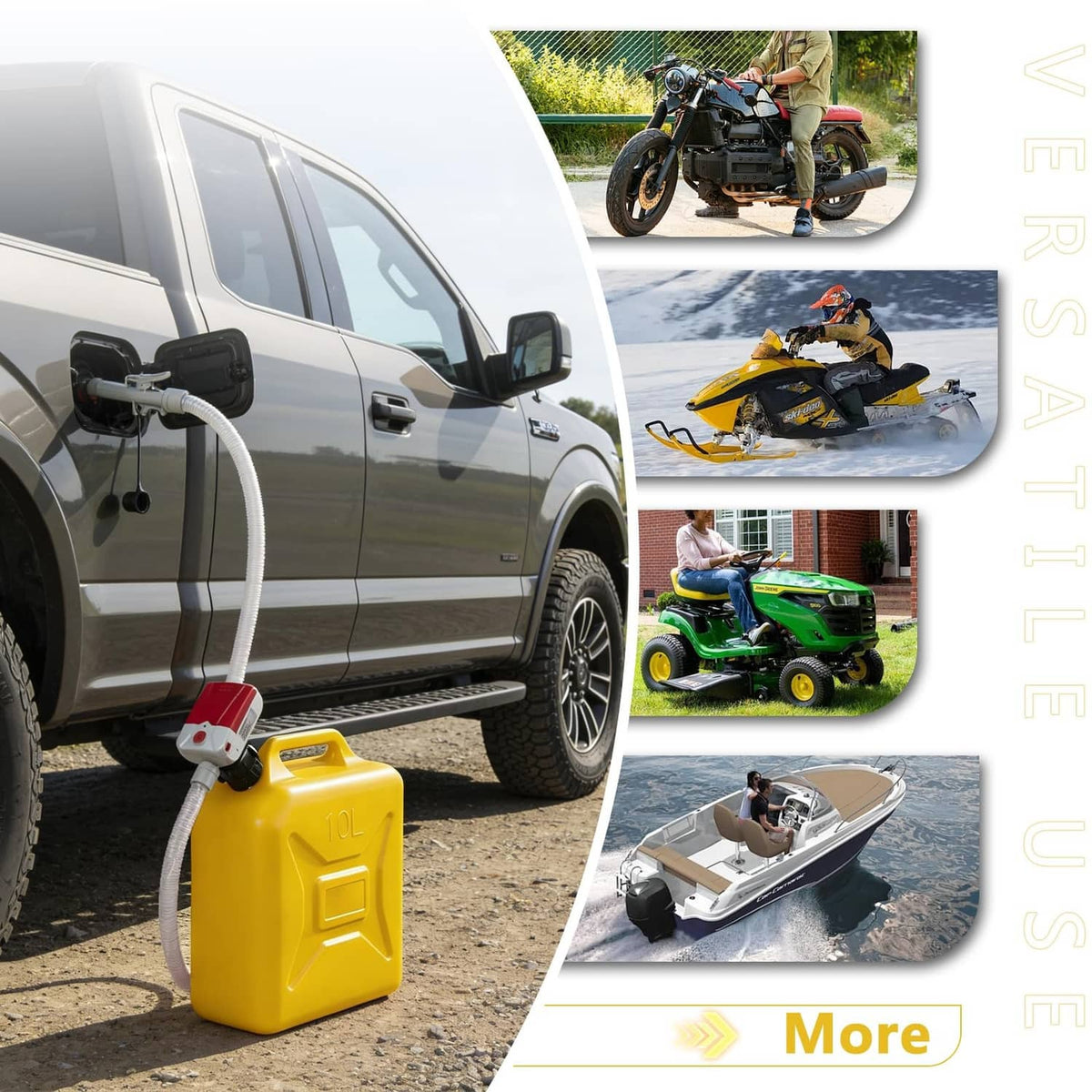 Fuel transfer pump connected to a yellow gas can near a parked vehicle