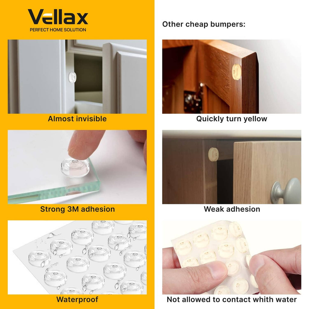 Clear silicone bumpers for cabinet doors, shown as nearly invisible with strong 3M